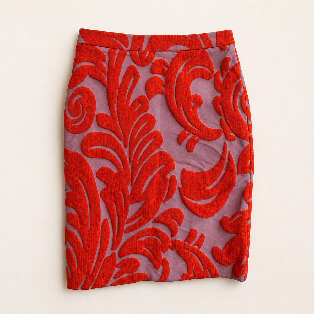 Ann Taylor Orange Pink Jacquard Pencil Skirt Raised Leaf Pattern 8 Art Teacher